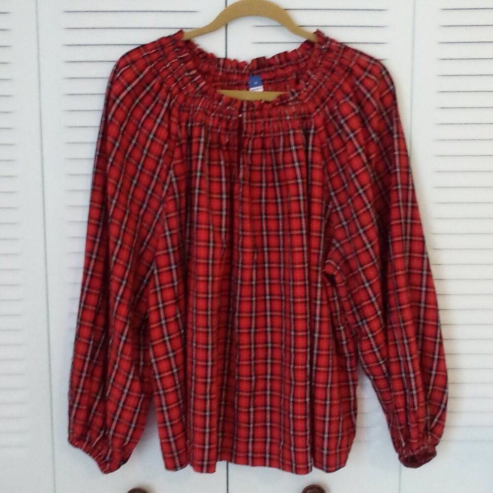 OLD NAVY 2X RED BLACK WHITE YELLOW PLAID POPOVER TOP SMOCKED NECK ELASTIC CUFFS